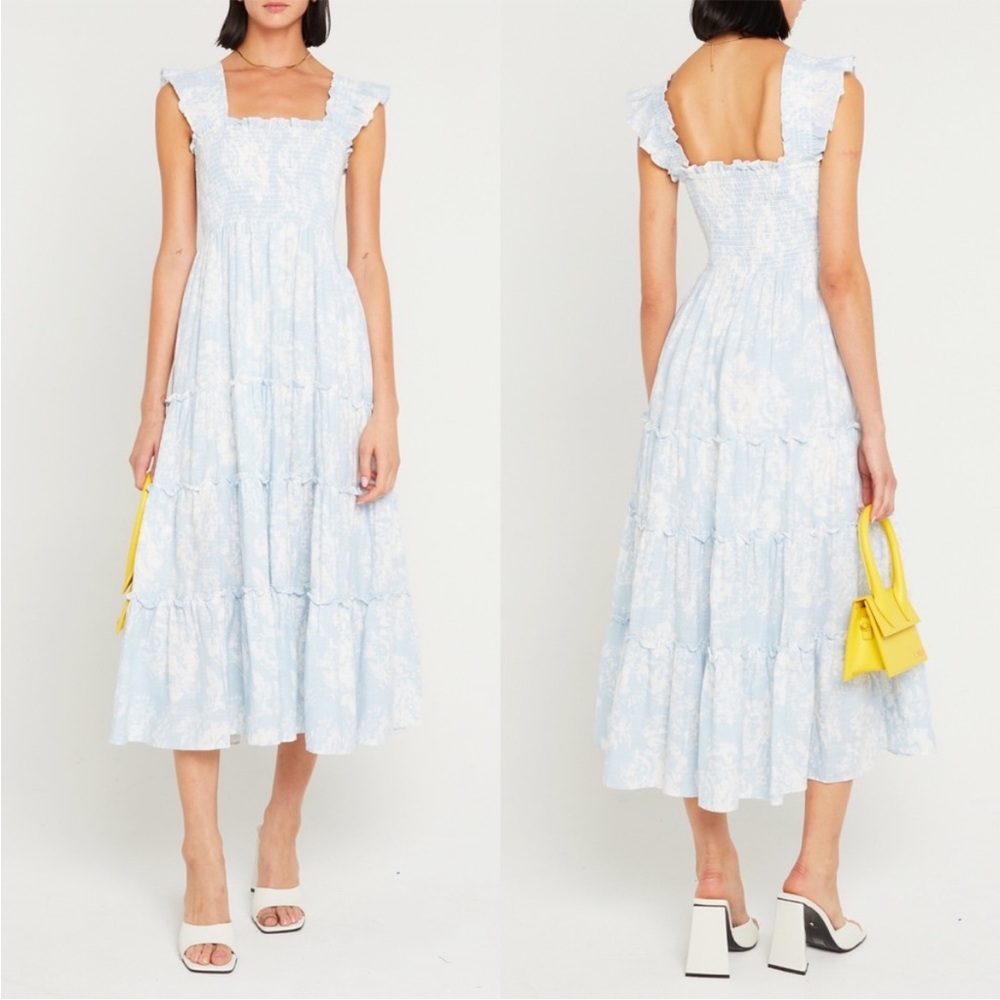 Kourt Calypso Light Blue & White Floral Print Tiered Maxi Dress